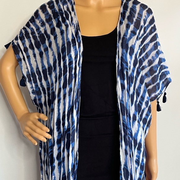 Blue & White Tie Dye Pom Pom Open Caftan Swim Cover Up - Picture 7 of 7